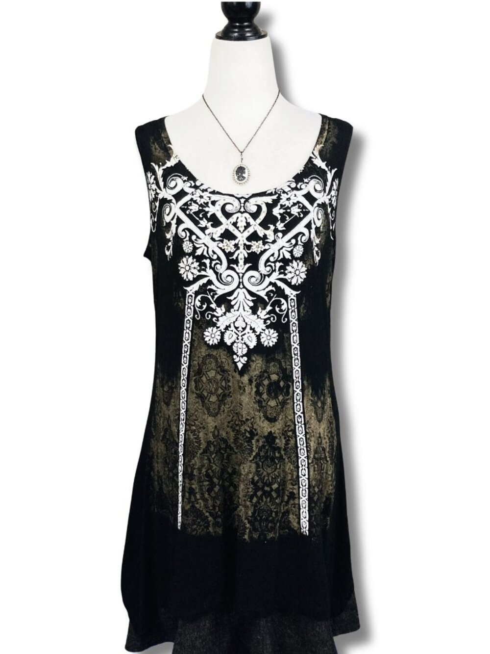 INITIATIVES Long black gold brown handkerchief hem ornate floral tank top MEDIUM - Picture 3 of 15